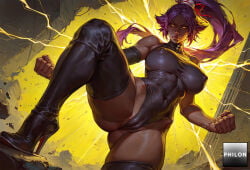 1girls ai_generated ass_visible_through_thighs bare_shoulders black_footwear black_leotard black_thighhighs bleach boots breasts cameltoe clenched_hand clenched_hands covered_navel covered_nipples dark-skinned_female dark_skin detached_sleeves elbow_gloves electricity electrokinesis fighting_stance from_below gloves high_heel_boots high_heels high_ponytail highleg highleg_leotard impossible_clothes impossible_leotard large_breasts leotard lightning lips long_hair looking_at_viewer muscular muscular_female parted_bangs philon ponytail purple_hair red_ribbon serious shihouin_yoruichi shiny_clothes skin_tight solo stable_diffusion sweat thick_thighs thigh_boots thighhighs thighs toned yellow_eyes yoruichi_shihouin