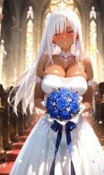 1girls ai_generated aimi_(bsandra) blush breasts bsandra dark_skin female glowing_eyes large_breasts long_hair original original_character red_eyes straight_hair tanned wedding wedding_dress white_hair yandere