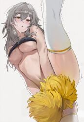 1girls ai_generated breasts cheerleader honkai:_star_rail legs_up looking_at_viewer nip_slip nipple_slip nipples silver_hair solo stelle_(honkai:_star_rail) sweat sweaty sweaty_body sweaty_thighs tagme_(artist) thighs trailblazer_(honkai:_star_rail) underboob yellow_eyes