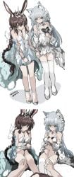 2girls amiya_(arknights) animal_ears arknights bottomless dress female imminent_sex no_panties rosmontis_(arknights) whate=3r