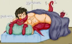 anthro anthro_penetrated ass bed bedding bite blanket bodily_fluids chanhee_cha cuddling dragon duo ear_bite english_text eugeniyburnt female female_on_human from_behind_position furniture happy happy_sex hi_res human human_on_anthro human_penetrating human_penetrating_anthro interspecies lying_on_another male male/female mammal motion_lines motion_trail mythological_creature mythological_scalie mythology pawpads paws penetration pillow pillow_bite pillow_grab saliva scalie sex smile sound_effects sweat sweatdrop sweaty_butt sweaty_legs sweaty_thighs tail tail_wraps teeth text the_dragon_next_door wings woo-hyuk_choi wraps