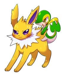 1boy alternate_eye_color ambiguous_gender ambiguous_penetration angry ass blush bodily_fluids brown_eyes canine disinterested_sex ecru eeveelution eye_contact from_behind_position fur furry green_body half-closed_eyes jolteon looking_at_viewer neck_tuft nintendo open_mouth penetration pokemon pokemon_(species) pokemon_bw pokemon_rgby purple_eyes scalie sex simple_background size_difference smaller_male snake snivy suggestive sweat tuft video_games white_background white_body white_fur yellow_body yellow_fur