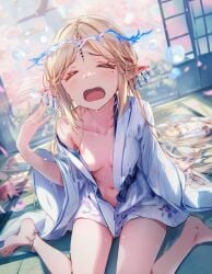 ai_generated cartethyia_(wuthering_waves) cherry_blossoms closed_eyes feet japanese_clothes japanese_house open_mouth raaicave sweating sweating_profusely wuthering_waves