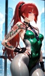 1girls ai_generated blush breasts bsandra eve_(stellar_blade) female futuristic haruna_(bsandra) high_ponytail long_hair original original_character ponytail purple_hair red_hair small_breasts stellar_blade tattoo tsundere