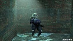 big_breasts breasts bunny_ears bunny_girl clothing female holding_weapon josh-u4 judy_hopps looking_at_viewer mp5 police police_uniform thick_ass thick_thighs zootopia
