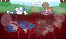1boy 1futa anthro ball_squeeze balls blue_fur blue_text bottomless breasts brown_fur brown_hair brown_nipples bush charlie_(jaziferret) duo ferret ferret_girl flower flower_in_hair futanari grass in_grass in_ground intersex jaziferret kankaku_shadan kiyo_(jaziferret) large_breasts large_penis male penis pink_clothing precum red_text stuck stuck_in_ground stuck_together tentacle tentacle_sex text_bubble topless tree unawareacles white_fur
