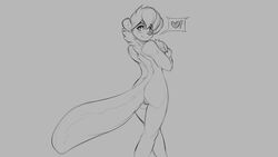 2019 anthro ass breasts female grey_background hair hand_on_breast heart mammal mephitid monochrome nipples nude pictographics pussy simple_background skunk smile solo standing watsup