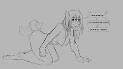 2019 6_breasts all_fours anthro big_breasts blush bodily_fluids breast_jiggle breasts canid canine canis dialogue domestic_dog drawn drooling english_text female grey_background hair looking_at_viewer mammal monochrome multi_breast nipples nude open_mouth saliva simple_background smile solo tailwag talking_to_viewer text tongue tongue_out transformation watsup