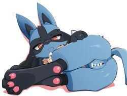 2025 3_fingers 3_toes anthro anus ass blue_body blue_fur blue_tail censored censored_genitalia censored_pussy digital_media_(artwork) feet female fingers fur generation_4_pokemon genitals hi_res lolobot looking_at_viewer lucario nintendo orange_eyes pawpads paws pokemon pokemon_(species) pussy rear_view simple_background solo tail toes white_background