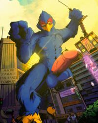 anthro bird blue_balls blue_fur city cum destruction falco_lombardi macro male male_only mrjimmydafloof nintendo penis star_fox