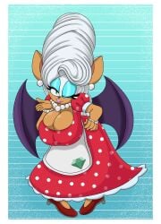 anthro bat beehive_(hairstyle) beehive_hairdo big_breasts big_hair blowing_kiss breasts busty busty_female cleavage dress earrings embroidery emerald_(gem) heels high_heels housewife huge_breasts pearl_(gem) pearl_earrings pearl_necklace pearls polka_dot polka_dot_dress rouge_the_bat rougethedaisy sega solo solo_female solo_focus sonic_(series) sonic_the_hedgehog_(series)