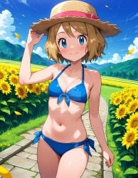 2025 4kids_entertainment ai_generated anime belly blue_bikini blue_eyes brown_eyebrows brown_hair_female deviantart elryusam eyebrows_visible_through_hair garden hand_on_hat holding_hat looking_at_viewer meta mouth_closed nintendo not_porn orange_cheeks pokemon serena_(pokemon) smile_at_viewer smiling_at_viewer summer_hat tummy wet_bikini wet_body wet_skin