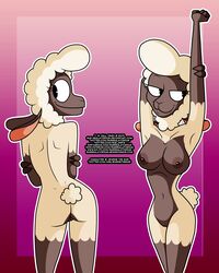 absurd_res anthro ass bovid breasts caprine female front_view fur hand_behind_head hi_res holding_arm jewene_the_ewe mammal multiple_poses nude pose pussy rear_view sheep smile solo stretching surrealatorium toony wool_(fur)