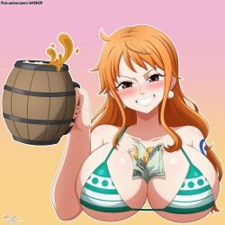 1girls big_breasts bikini blush breasts earrings female light-skinned_female light_skin luna_xd money money_between_breasts nami nami_(one_piece) one_piece orange_hair shonen_jump shounen_jump solo tattoo toei_animation weekly_shonen_jump weekly_shounen_jump