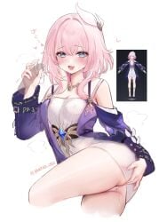 1boy 2d_(artwork) anger_vein ass bad_id bare_shoulders blue_eyes blush breasts coat commentary_request cyrene_(honkai:_star_rail) disembodied_penis dress female hair_ornament harin_05 heart highres honkai:_star_rail honkai_(series) korean_commentary looking_at_viewer male oerba_yun_fang open_mouth penis penis_grab pink_hair pink_pupils purple_coat pussy_juice reference_inset short_hair simple_background skin_fang small_breasts smile straight sweat thighs twitter_username white_background white_dress