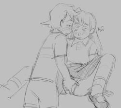 1boy aged_up alternate_universe bandage bandage_on_face clothed elizabeth_afton female femlae fingering five_nights_at_freddy's gregory_(fnaf) long_hair male messy_hair no_color short_hair sketch