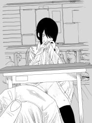 1other blush chainsaw_man clothes_lift commentary_request denji_(chainsaw_man) female fujimoto_tatsuki_(style) greyscale hair_over_one_eye highres holding holding_panties holding_underwear holding_unworn_clothes indoors kneehighs lifting_own_clothes looking_at_viewer monochrome nanami_toga nayuta_(chainsaw_man) panties pussy pussy_juice_stain sitting skirt skirt_lift socks solo_focus sweat table underwear unworn_panties