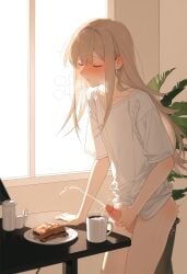 1boy ai_generated blush bottomless breath coffee_mug cum_in_cup ejaculation femboy indoors irofox light_brown_hair long_hair masturbation morning open_mouth original otoko_no_ko penis shirt solo standing table testicles window