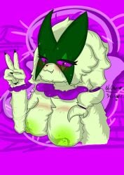 absurd_res anthro areola breasts felid feline female female_focus generation_9_pokemon green_areola hair hi_res mammal mask meowscarada nintendo noonearts pokemon pokemon_(species) ponytail ponytail_over_shoulder purple_sclera solo