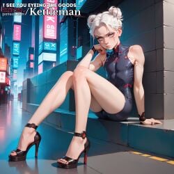 ai_generated annoyed bulge city cybernetics cyberpunk cyborg dress femboy feminine feminine_male futuristic high_heels kettleman latex latex_clothing male male_only outdoors penis_bulge public sissy sitting skin_tight slender_waist slim_waist trap twink white_hair