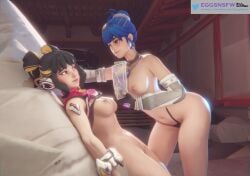 2girls 3d armor big_breasts blizzard_entertainment blue_hair breasts curvy curvy_figure d.va dominant_female eggsnsfw fearless_d.va fearless_juno hana_song kabedon le_sserafim naked nipples nude overwatch shy thong ticket yuri