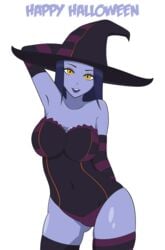 1girls arm_behind_head big_breasts blue_hair blue_lipstick blue_skin breasts corset female gosha420 halloween leggings looking_at_viewer overwatch white_background wide_hips widowmaker witch witch_hat yellow_eyes