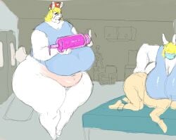 1boy 2girls anthro ass ass_bigger_than_head bandaid bandaid_on_face big_ass big_breasts big_butt blonde_hair blue_eyes bottomless breasts breasts_bigger_than_head breastwizard bubble_butt buckteeth bunny bunny_ears chubby chubby_female clothing curvaceous curvy curvy_figure doctor_on_patient doctors_office female furry held_down huge_ass huge_breasts imminent_anal lagomorph male mask mostly_nude nude restrained scut_tail sweat sweating syringe tail thick_thighs voluptuous voluptuous_female wide_hips