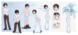 1boy absurdres black_hair black_shoes blush bodysuit brown_eyes brown_pants closed_eyes constricted_pupils covered_navel english_text female genderswap_(mtf) genshin_impact gradient_background grey_eyes heart heart-shaped_pupils highres kamisato_ayaka latex long_hair male moonshystar multicolored_hair nipples original pants penis ponytail rule_63 see-through_clothes sequential shirt shoes symbol-shaped_pupils transformation turn_pale two-tone_hair very_long_hair white_bodysuit white_hair white_shirt wide-eyed