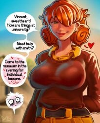 1boy big_breasts bigger_female breasts clothed female forz_(artist) green_eyes milf older_female older_female_and_younger_male penny_(stardew_valley) red_hair seductive seductive_eyes seductive_look seductive_smile stardew_valley younger_male