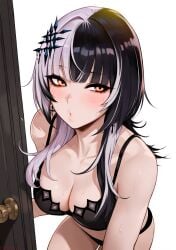 1girls 2d_(artwork) black_hair blush bra breasts cleavage door goth goth_girl hololive hololive_english kguy1920 kissy_face looking_at_viewer panties shiori_novella solo sweat underwear virtual_youtuber white_hair yellow_eyes