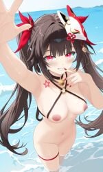 absurdres armpit_crease armpits bell black_choker breasts brown_hair choker cleavage completely_nude criss-cross_halter english_commentary female finger_to_mouth fox_mask halterneck highres honkai:_star_rail honkai_(series) lewd_chan looking_at_viewer mask mask_on_head navel neck_bell nipples no_pussy nude o-ring ocean on_water open_mouth purple_eyes smile solo sparkle_(honkai:_star_rail) stomach tattoo twintails