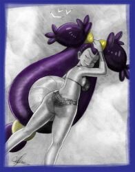 2017 alternate_costume arm_up ass ball beachball bikini bird blue_border border breasts butt_crack closed_eyes dark-skinned_female dark_skin dated female female_focus from_behind grey_background hair_ornament hand_on_own_head hand_up iris_(pokemon) large_breasts legs_apart long_hair monochrome nintendo npc_trainer pokemon pokemon_(anime) pokemon_bw pokemon_bw_(anime) purple_hair seagull signature simple_background smile solo spot_color standing swimsuit teeth text_focus todd_l._milhouse very_long_hair