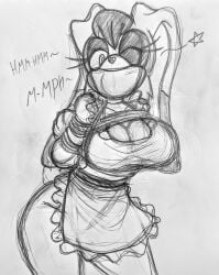 1girls anthro apron apron_only arms_behind_back arms_bound arms_bound_behind_back arms_restrained arms_tied arms_tied_behind_back big_breasts big_breasts bondage bound_arms breasts breasts bunny_ears curvaceous curvy curvy_body curvy_female curvy_figure curvy_hips darkman-zero english english_text female female_only furry furry_female furry_only gag gagged gagged_female gagged_speech looking_at_viewer milf monochrome restrained restrained_arms restraints rope rope_bondage sketch solo solo_female sonic_(series) sonic_the_hedgehog_(series) star star_(symbol) tape tape_gag taped_mouth thick_thighs tied_arms vanilla_the_rabbit wink winking winking_at_viewer