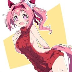 ai_generated animal_ears bandana breasts female haru_urara_(umamusume) pink_hair ponytail small_breasts umamusume umamusume_pretty_derby virgin_killer_sweater white_ribbon