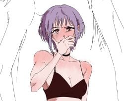 3girls bang_dream! bang_dream!_it's_mygo!!!!! black_bra black_choker blush bra breasts choker cleavage embarrassed female full-face_blush gommotheworld hand_on_own_face medium_breasts multiple_girls pink_eyes purple_hair short_hair solo underwear upper_body wakaba_mutsumi yahata_umiri yuri yuutenji_nyamu