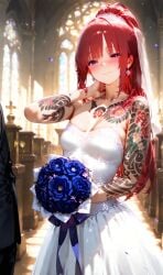1girls ai_generated blush breasts bsandra female haruna_(bsandra) high_ponytail long_hair original original_character ponytail purple_hair red_hair small_breasts smirk tattoo tsundere wedding wedding_dress