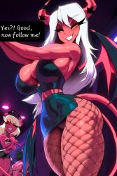 1girls ai_generated bare_arms bare_legs bare_shoulders bare_thighs big_breasts color demon demon_girl english_text female fishnets gigiti helluva_boss hi_res large_breasts long_hair looking_at_viewer nightclub pink_body pink_skin smug smug_face solo solo_female succubus succubus_horns succubus_tail succubus_wings text text_box thick_thighs verosika_mayday_(helluva_boss) white_hair