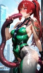 1girls ai_generated blowjob blush breasts bsandra eve_(stellar_blade) female futuristic haruna_(bsandra) high_ponytail long_hair original original_character ponytail purple_hair red_hair small_breasts stellar_blade tattoo tentacle tentacle_in_mouth tentacle_sex tsundere