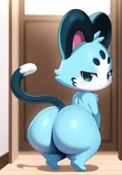 1ambiguous ai_generated anthro ass ass_focus black_tail blue_eyes blue_fur blush cat_tail chattino_(raora_panthera) fan_mascot_(vtuber) fan_mascot_focus_(vtuber) feline half-closed_eyes hololive looking_at_viewer looking_back smug tail white_fur
