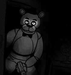 1boy animatronic bear bowtie cock_out dark_room desk fan five_nights_at_freddy's freddy_(fnaf) freddy_fazbear glowing_eyes holding_penis looking_at_viewer male no_color penis penis_in_ass power_outage robot_boy solo tophat ultimate_custom_night