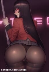 ai_generated big_ass big_breasts big_butt big_thighs black_hair black_panties blush breasts from_behind from_behind_position glowing_eyes huge_ass huge_breasts huge_butt huge_thighs jabami_yumeko kakegurui pantyhose pole pole_dancing red_eyes school_uniform wanuze wide_hips