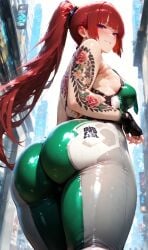 1girls ai_generated ass blush breasts bsandra eve_(stellar_blade) female focus_on_ass futuristic haruna_(bsandra) high_ponytail long_hair original original_character ponytail purple_hair red_hair small_breasts stellar_blade tattoo tsundere