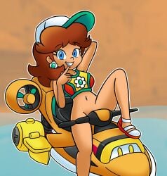 1girls accurate_art_style blue_eyes bottomless bottomless_female breasts brown_hair cap censored_pussy earrings flower_earrings grin jetski lisnotsfw looking_at_viewer mario_(series) mario_kart mario_kart_world navel nintendo ponytail princess_daisy princess_daisy_(swimwear) tan_skin