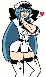 1girls ai_generated akame_ga_kill! big_breasts blue_eyes blue_hair breasts cap crossover curvy esdeath_(akame_ga_kill!) female hands_behind_head hands_up headwear heart huge_breasts looking_at_viewer military_uniform pervert sexy sexy_pose smug_face solo total_drama_(series) total_drama_island white_background