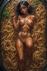 1girls ai_generated areolae big_areolae big_breasts big_nipples black_hair blush blushing blushing_at_viewer blushing_female breasts dark-skinned_female dark_hair dark_skin elf elf_ears elf_female elf_girl female food food_fetish food_on_body gynophagia hairless_crotch hairless_pussy looking_at_viewer lying lying_down lying_on_back minigirl naked naked_female nipples noodles nude nude_female oil oiled oiled_body oiled_skin oily oily_body oily_skin partially_submerged pussy sad sauce shaved_crotch shaved_pussy tagme vagina vegetable vegetables wet_body wet_hair wet_skin