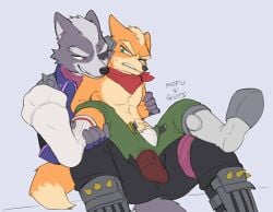 anthro balls_outline belt black_nose bodily_fluids boots bulge claws clothed clothing detailed_background detailed_bulge duo finger_claws footwear fox_mccloud fur genital_outline green_eyes grey_body grey_fur grimace male male/male mofu_guys multicolored_body multicolored_fur nintendo on_lap open_belt orange_body orange_fur red_eyes shoes simple_background sitting_on_lap socks star_fox sweat sweatdrop topless topless_male two_tone_body two_tone_fur underwear wolf_o'donnell