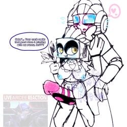 2girls alien_humanoid alien_robot arcee arcee_(g1) big_breasts big_breasts bigger_female blue_eyes blue_pussy blush blush blush_lines bowtie breasts crotchless_pantyhose cybertronian dandy's_world dialogue dick feather_duster grinding_on_penis half_lidded_eyes handwear holding_object huge_cock interspecies lesbian_couple mostly_nude object_head on_penis penis robot robot_girl robot_humanoid size_difference smaller_female tagme text_bubble thighhighs tisha_(dandy's_world) tissue_box tokki_meki transfem transformers transformers_g1 unusual_penis yellow_eyes yuri yuri