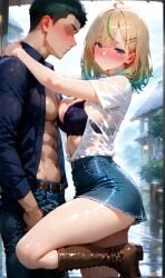 1boy 1girls ai_generated blonde_hair blue_eyes blush breasts bsandra female gradient_hair ksenia_(bsandra) medium_breasts medium_hair original original_character russian shy unbottoned_shirt underwear wet wet_clothes