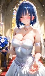 1girls ai_generated blue_hair bob_cut bsandra female futanari intersex kura_(bsandra) normal_breasts original original_character piercing short_hair wedding wedding_dress yellow_eyes