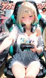 1girls ai_generated blonde_hair blue_eyes blush breasts bsandra female gamer_chair gamer_girl gradient_hair ksenia_(bsandra) magazine magazine_front_page medium_breasts medium_hair original original_character russian
